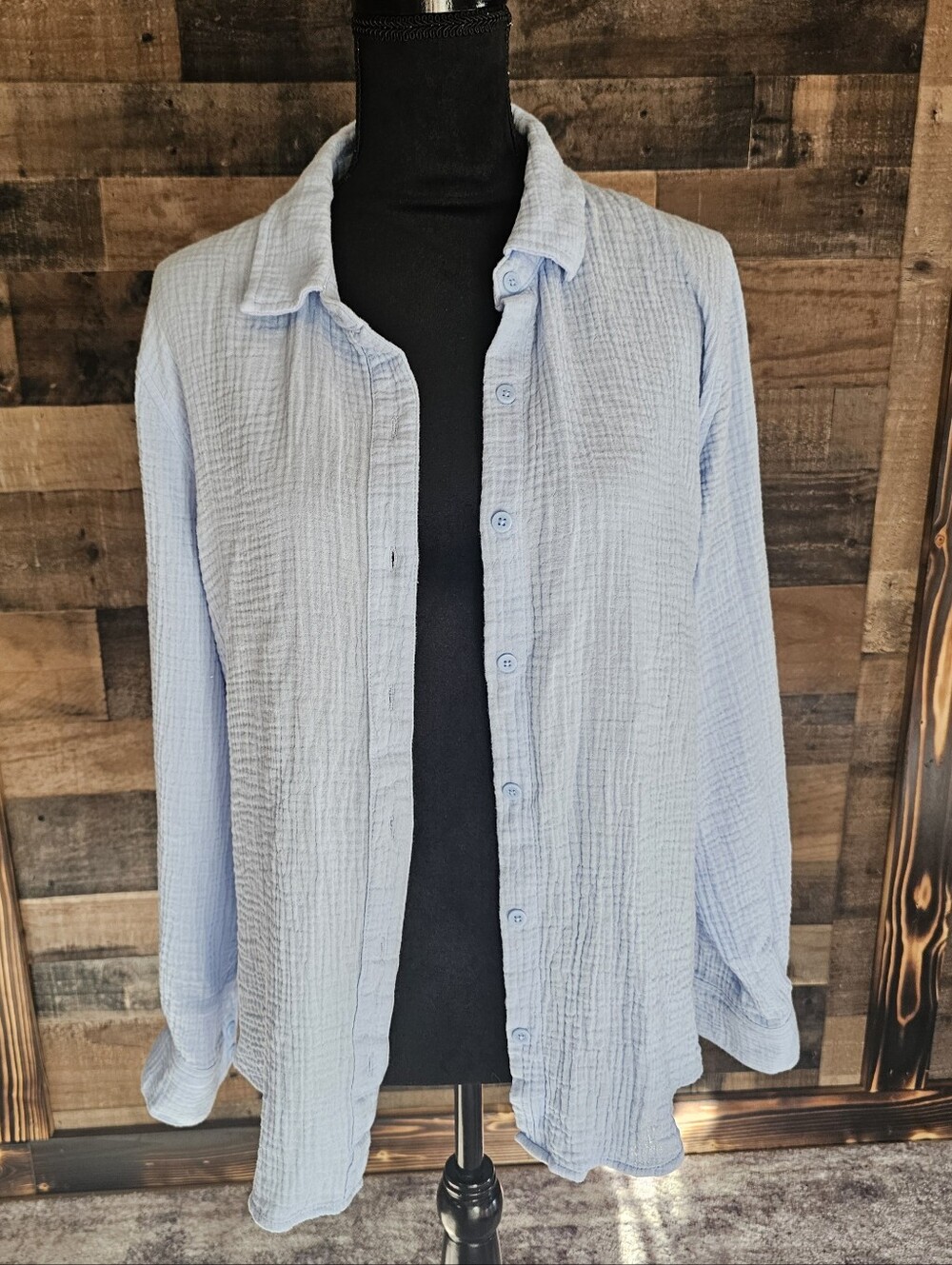 Splendid Cotton Button Up Long Sleeve Top Blue Large